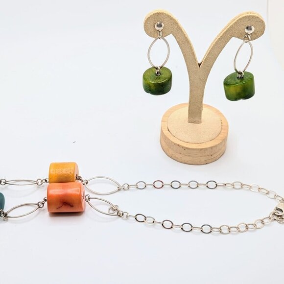 Multicolor Handmade Barrel Shaped Beads Silver Tone Necklace Earrings Set - Picture 4 of 6